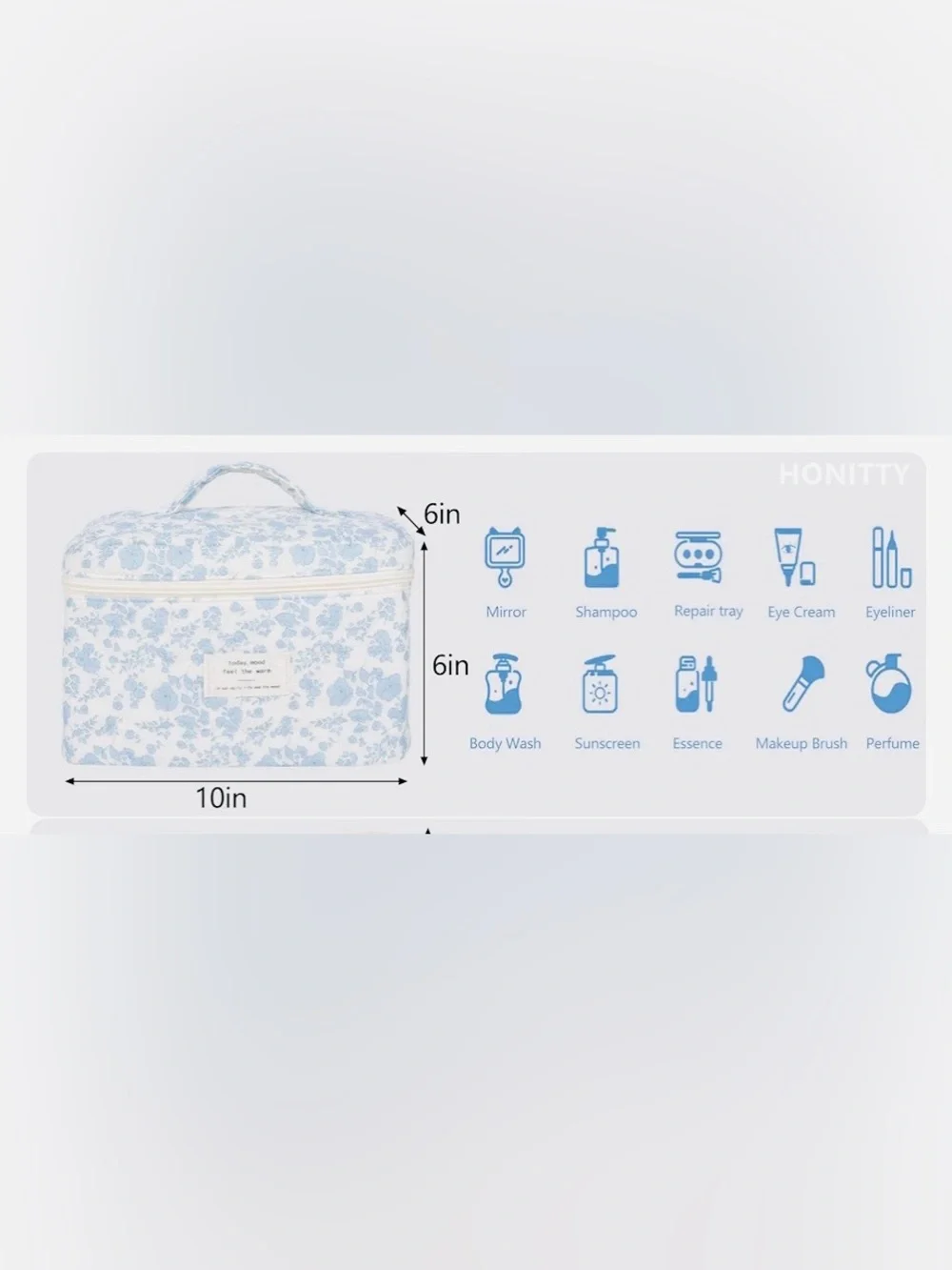 Honnity Quilted Floral Toiletry Cosmetic Bag Blue & White Blue